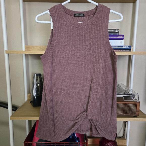 MIHOLL Women's Waffle Knit Tank Top Mauve Purple Sleeveless Knot Front Shirt S - Picture 2 of 13